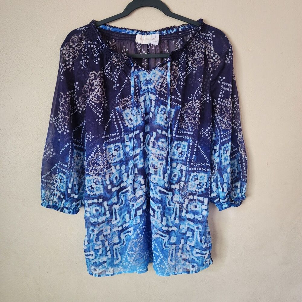 Chicos Womens Sheer Blue Purple 3/4 Sleeve Boho Peasant Tunic Blouse Size 1 M